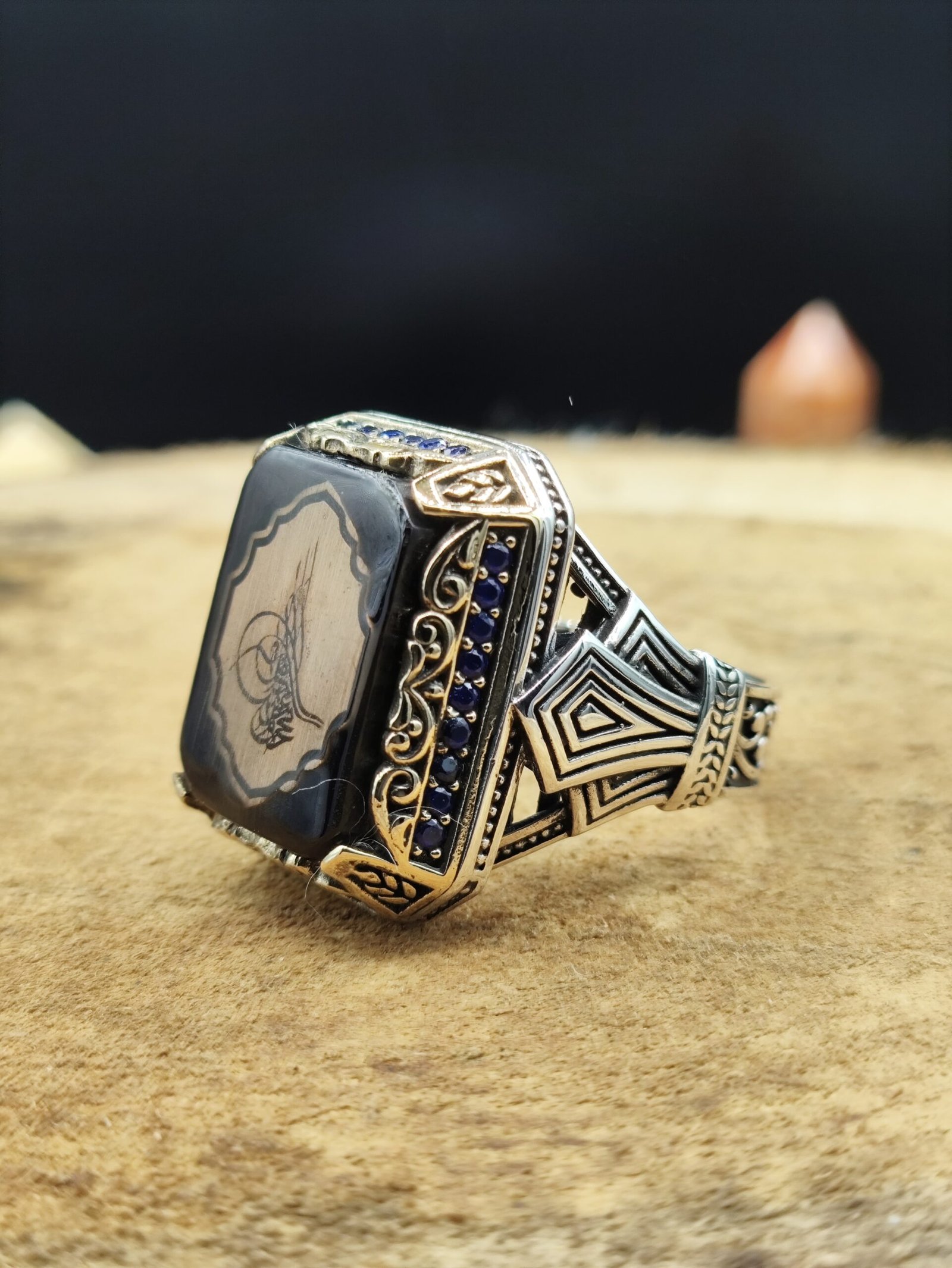 Osmanlı Tuğralı Zirkon Taşlı 925 Ayar Gümüş Erkek Yüzük | Özel Tasarım – 15 Gram - Görsel 3