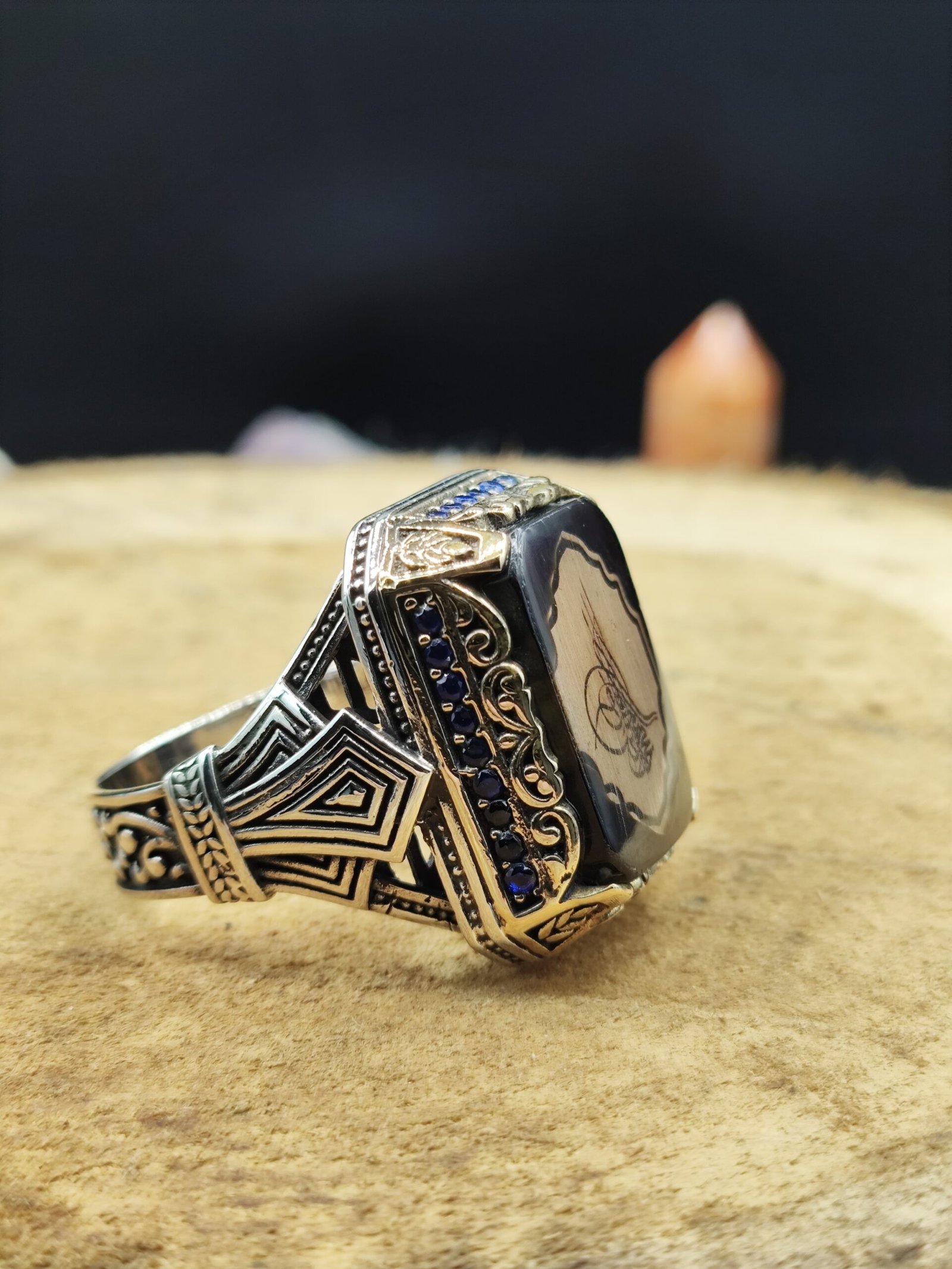 Osmanlı Tuğralı Zirkon Taşlı 925 Ayar Gümüş Erkek Yüzük | Özel Tasarım – 15 Gram - Görsel 4