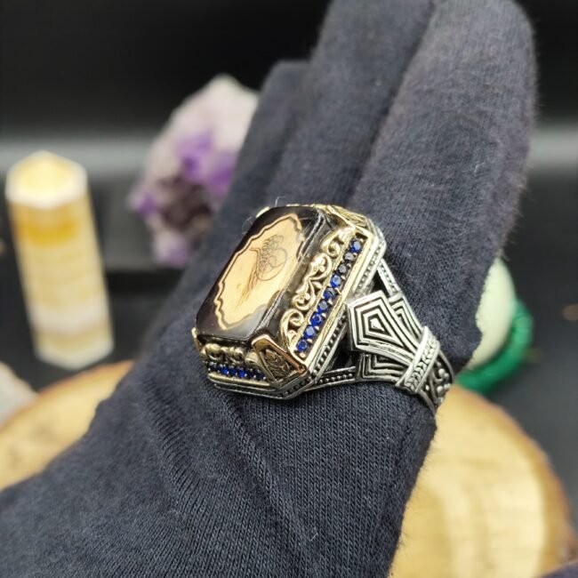 Osmanlı Tuğralı Zirkon Taşlı 925 Ayar Gümüş Erkek Yüzük | Özel Tasarım – 15 Gram