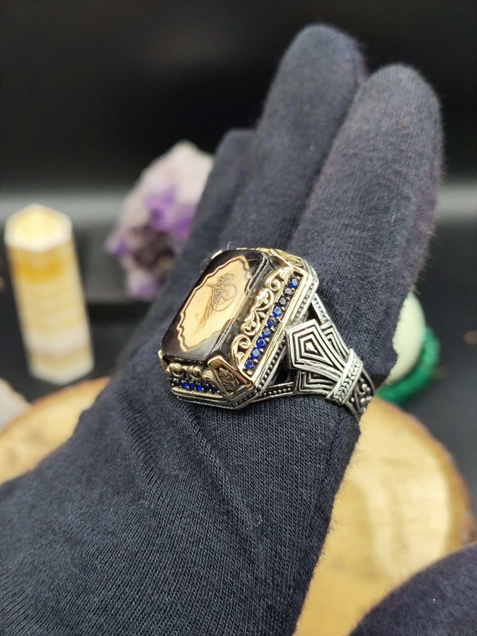 Osmanlı Tuğralı Zirkon Taşlı 925 Ayar Gümüş Erkek Yüzük | Özel Tasarım – 15 Gram