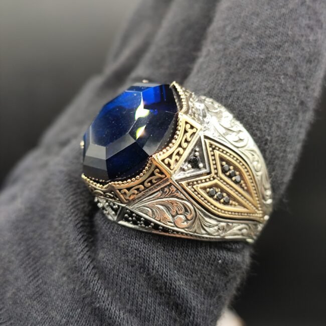 22 Gram Özel Tasarım 925 Ayar Gümüş Erkek Yüzük – Lacivert Zirkon Taşlı